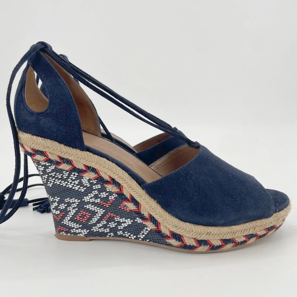 Cabi 6001 Navy Blue Suede Espadrille Wedge Sandals Ankle Tie Tassel Womens 8
